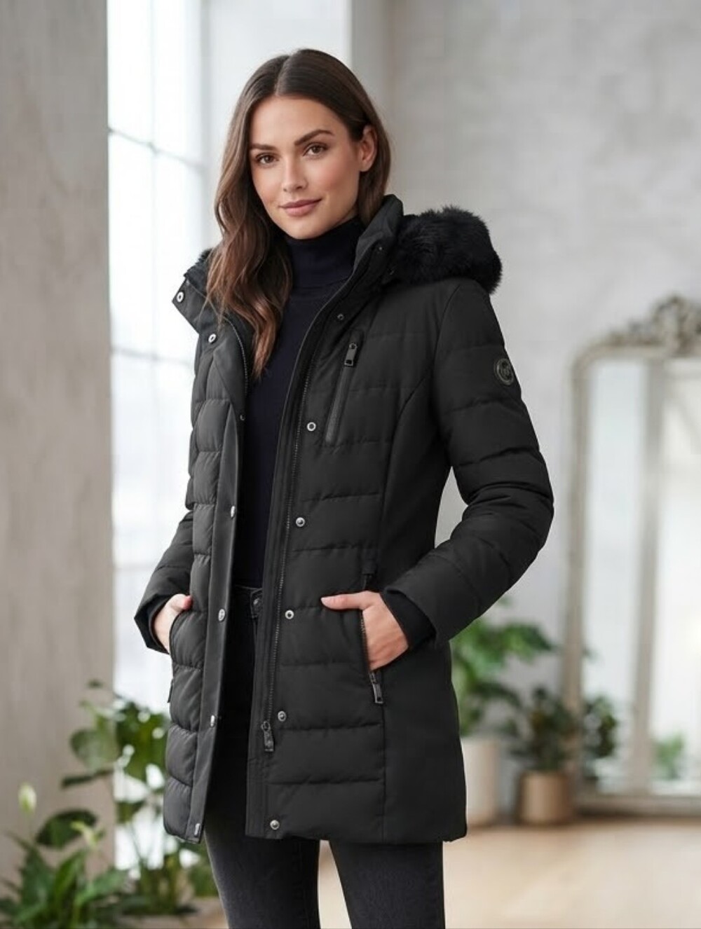Michael Kors Black Quilted Down Puffer Coat Faux Fur Hood L/G